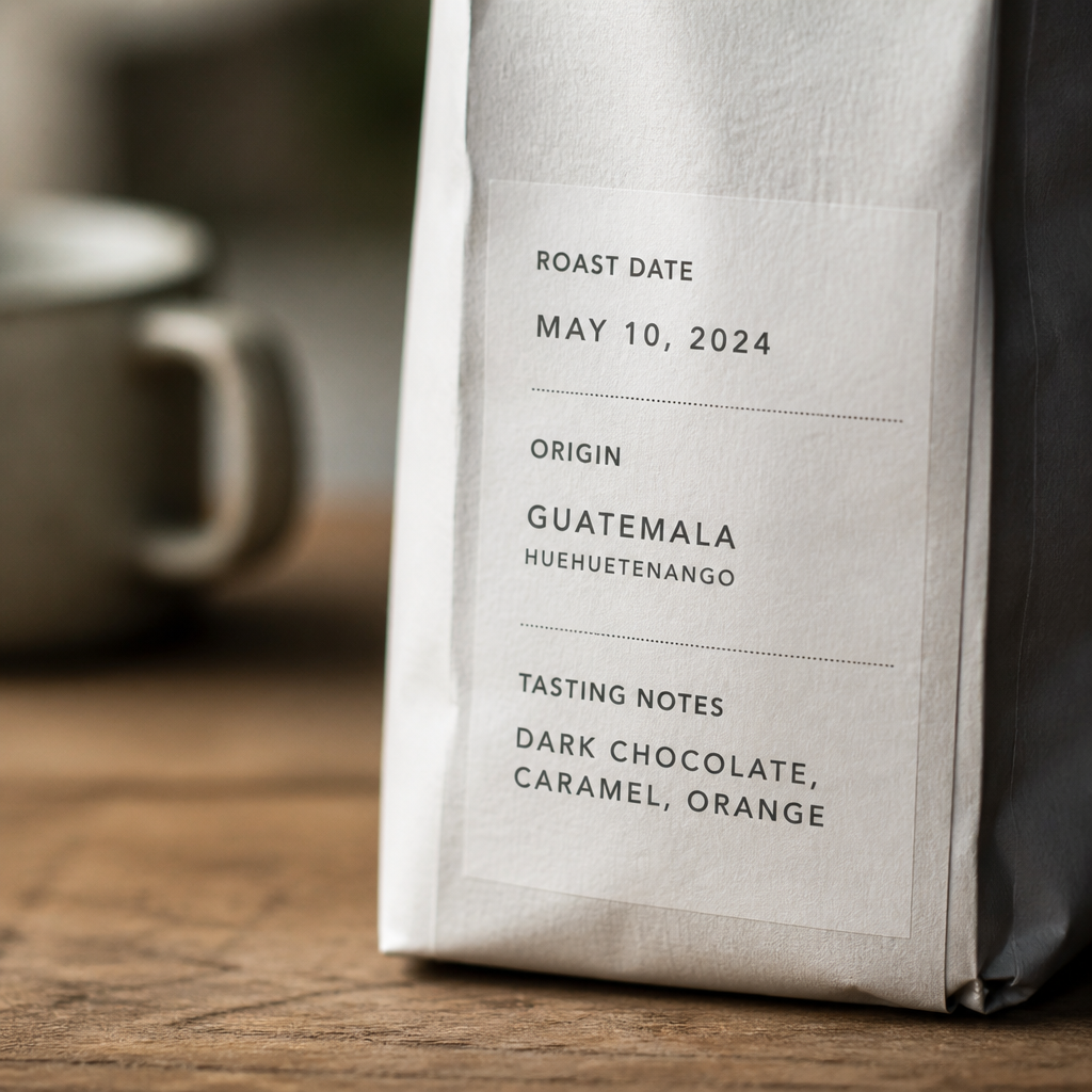 Close-up of a coffee bag label showing roast date, origin and tasting note text