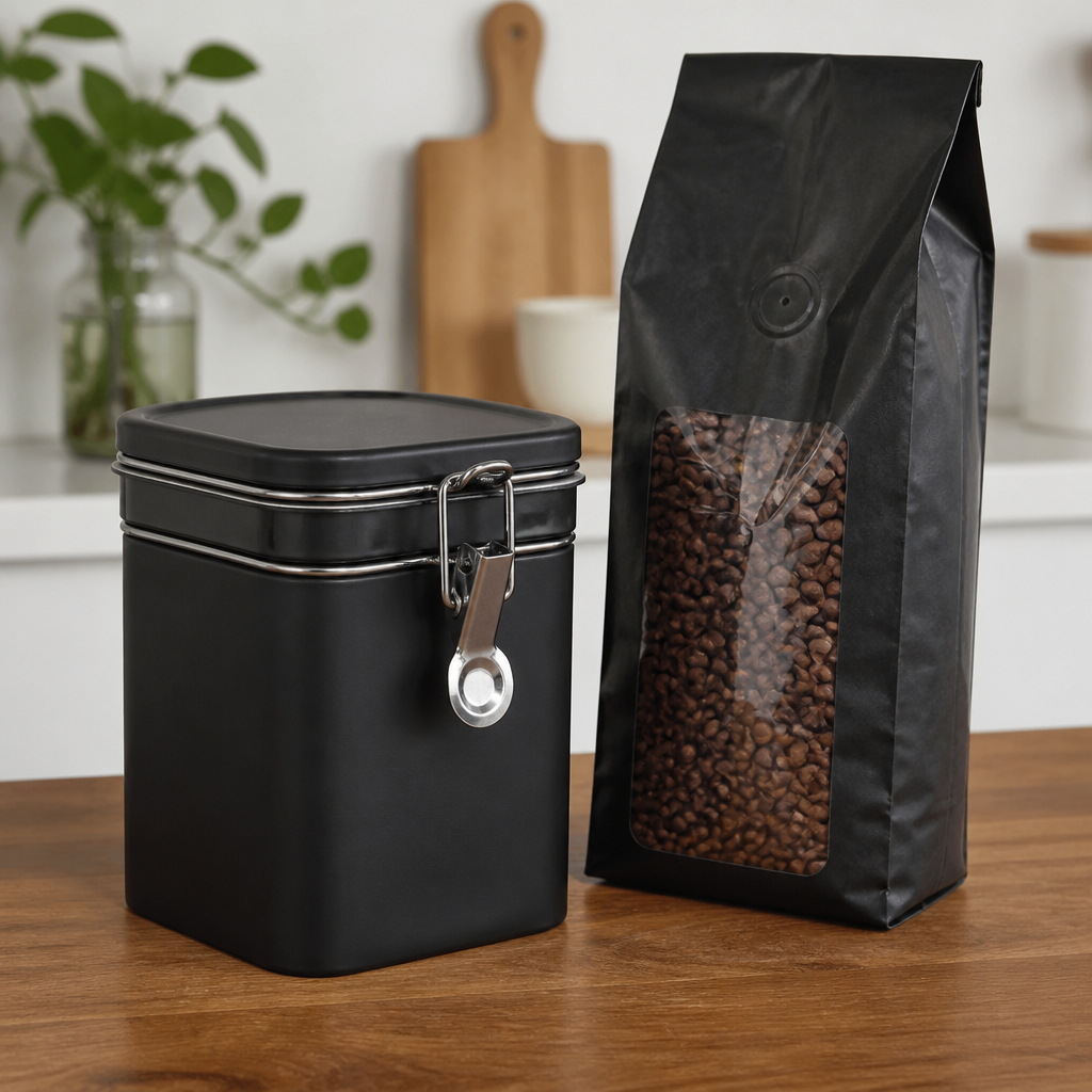 An airtight opaque coffee storage container next to a bag of whole roasted coffee beans