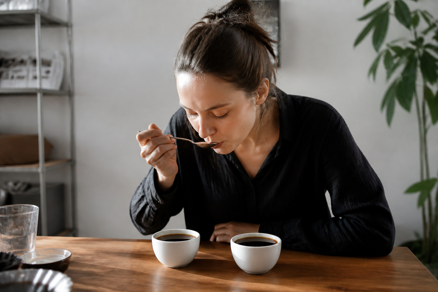 A person tasting coffee from a spoon while comparing two cups side by side