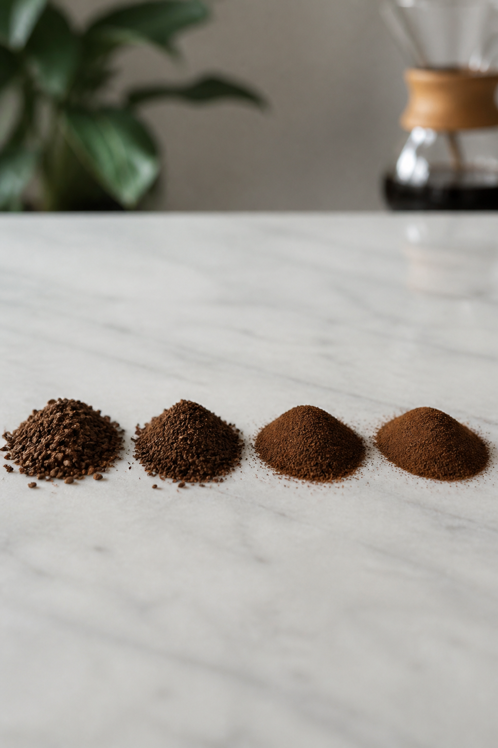 Four small piles of ground coffee showing extra coarse, coarse, medium and fine grind sizes side by side