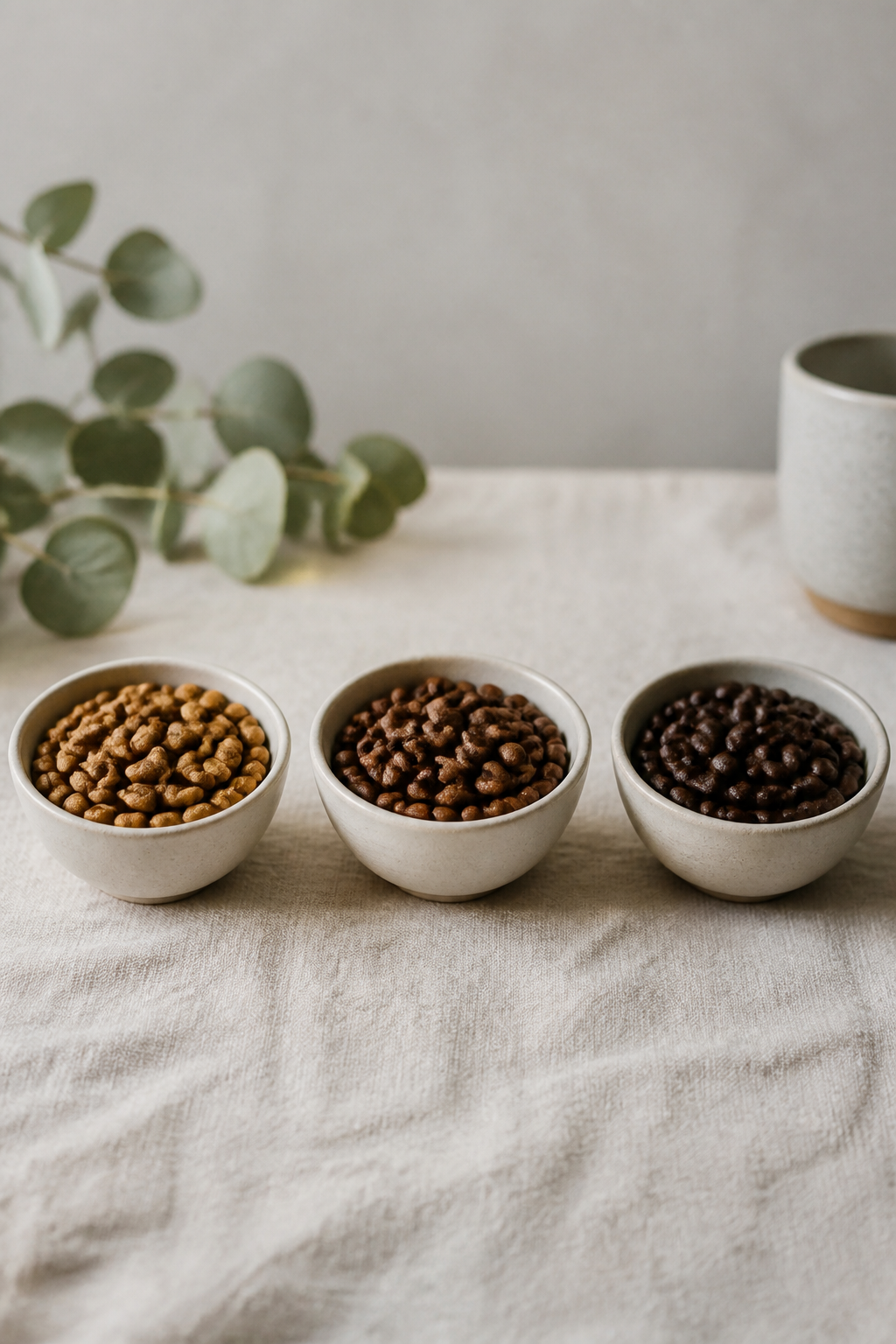 Three small bowls of coffee beans showing light, medium and dark roast side by side